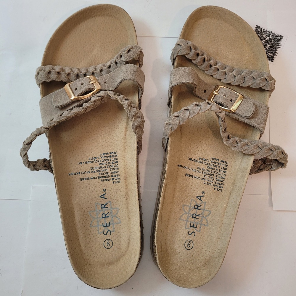 Serra Sandals Womens Taupe Suede Braided Buckle Footbed Slides 9 844871